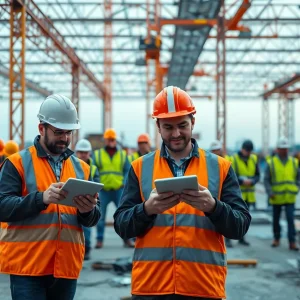 Construction workers using digital tools for project management on site.