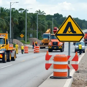 Florida work zone with construction workers and heavy equipment emphasizing safety