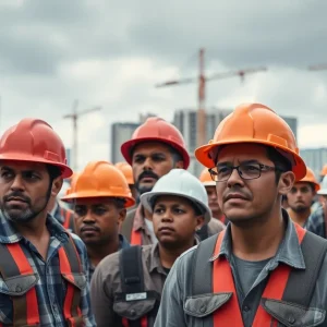 Construction workers on a site in Miami showing a diverse group wearing hard hats.