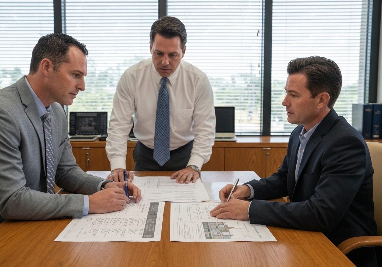 Attorneys and contractor reviewing construction documents in a Florida office setting