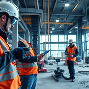 Construction professionals using AI technology on site