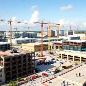 Construction site in Boynton Beach with cranes and ongoing projects.