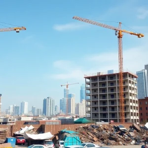 Illustration showing mixed performance in building permits with construction elements.