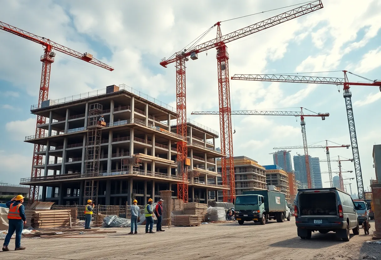 A bustling construction site demonstrating ongoing projects and industry challenges.
