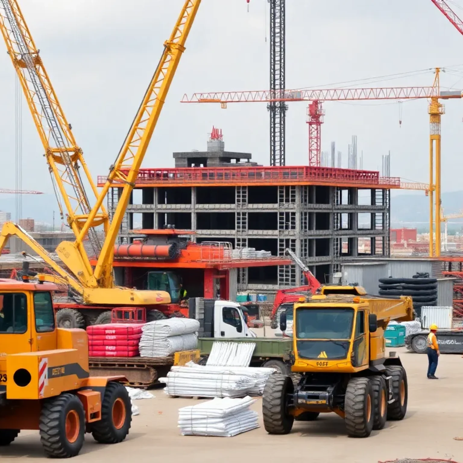 A vibrant construction site with various machinery and construction activities.