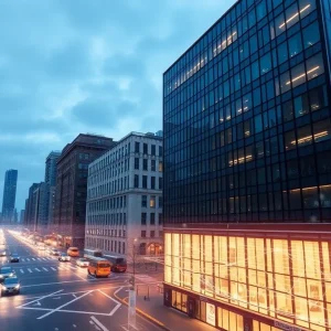 A digital representation of a city with highlighted buildings and mapping features