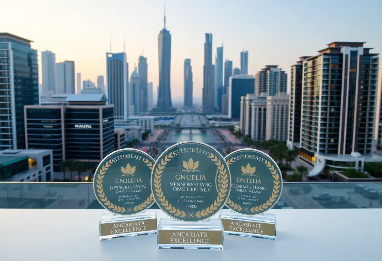 Awards received by Dubai Municipality displayed with a city skyline