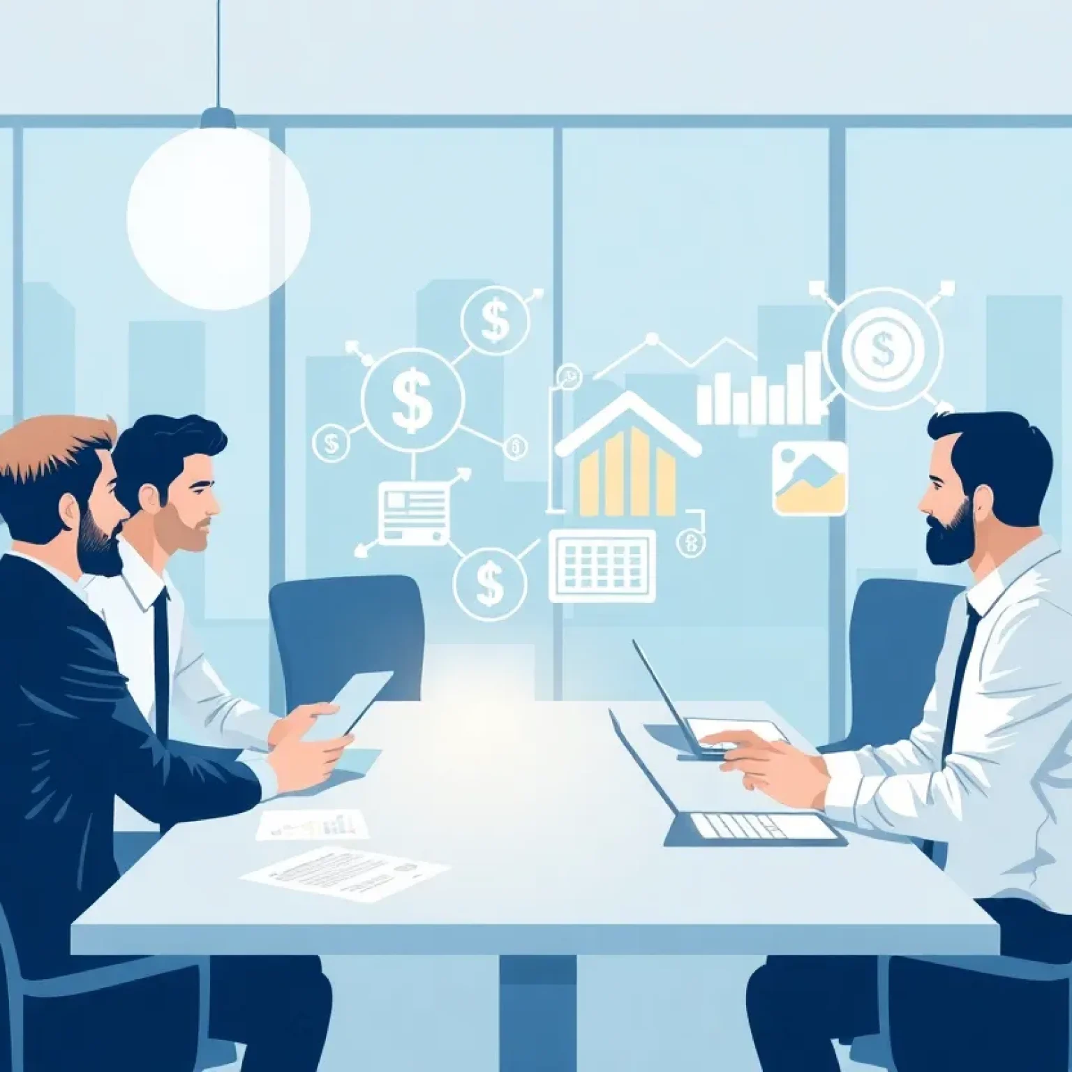Office scene with mortgage brokers discussing financing solutions