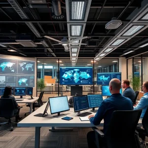 An office scene depicting advanced security integration technologies including AI interfaces and VR training.