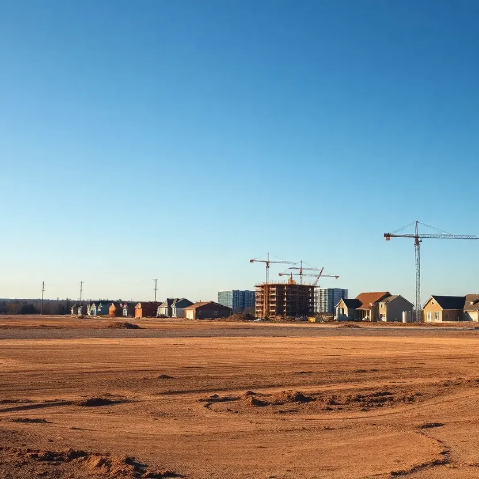 Vast empty neighborhood showing vacant lots and a busy construction site.
