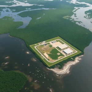 Aerial view of the Florida Everglades showing wildlife and the proposed site for the immigrant detention facility.