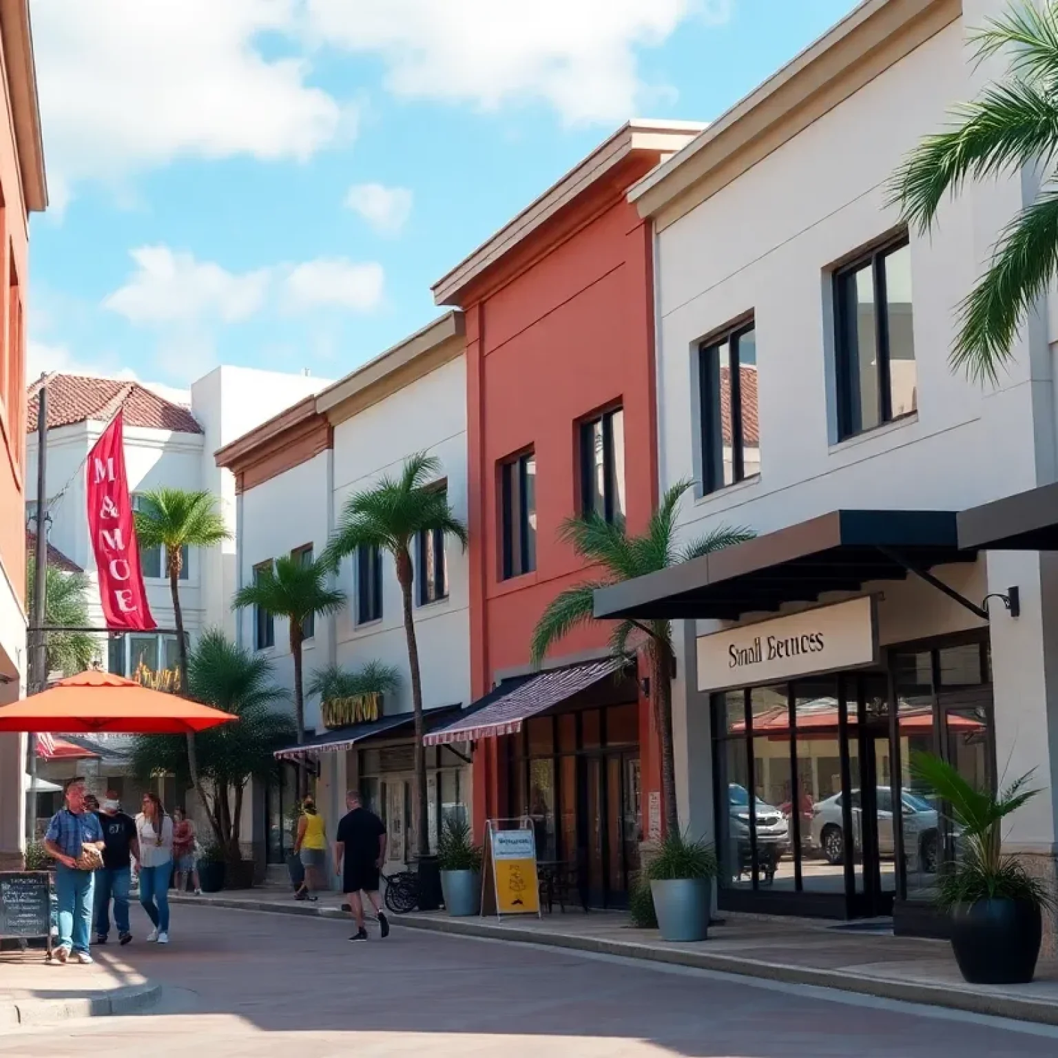 Active Florida business district showcasing small enterprises thriving.
