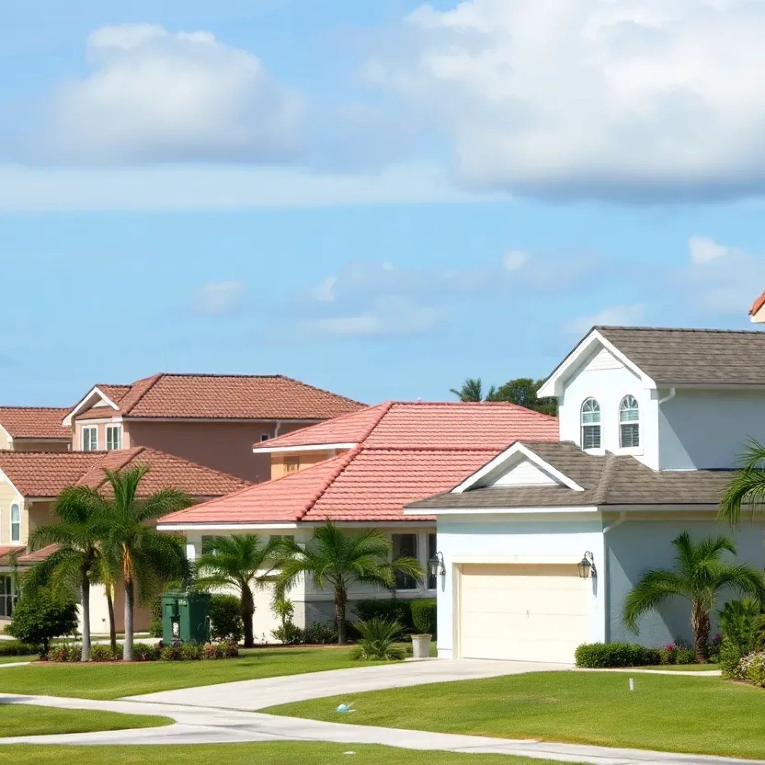 Diverse neighborhood in Florida showcasing different home styles under a sunny sky.