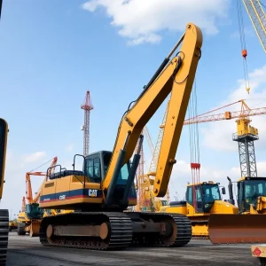 Heavy construction equipment operational at a site