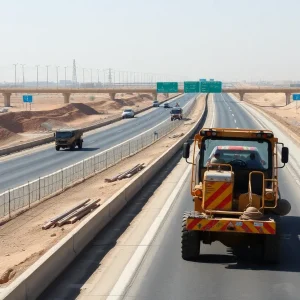 Workers on a highway construction site in Egypt utilizing advanced planning techniques.