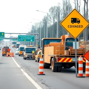 Construction site for I-95 improvement project with workers and equipment