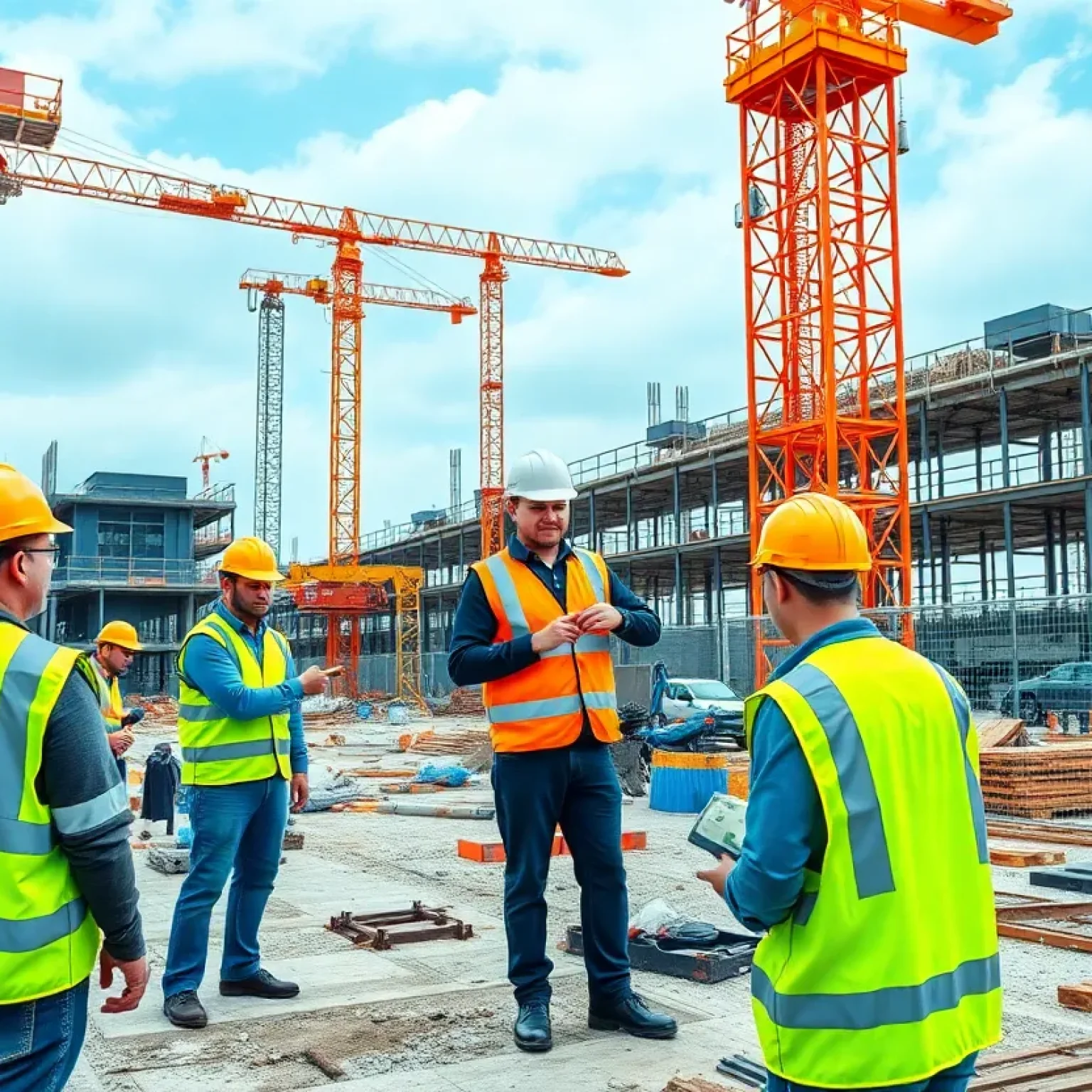 Construction workers at a job site utilizing technology