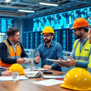 Teams collaborating on data center construction project