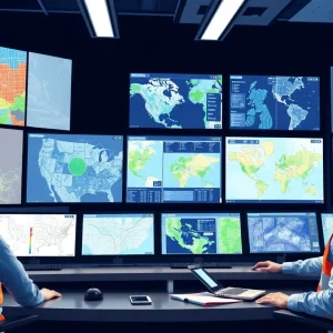 Team collaborating in a modern utility control center with GIS technology