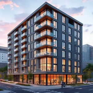 Aerial view of a new multifamily apartment complex under construction in Boston's Allston neighborhood.