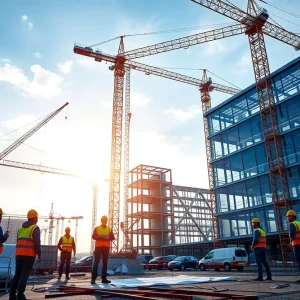 Construction site using advanced management software with workers and machinery.