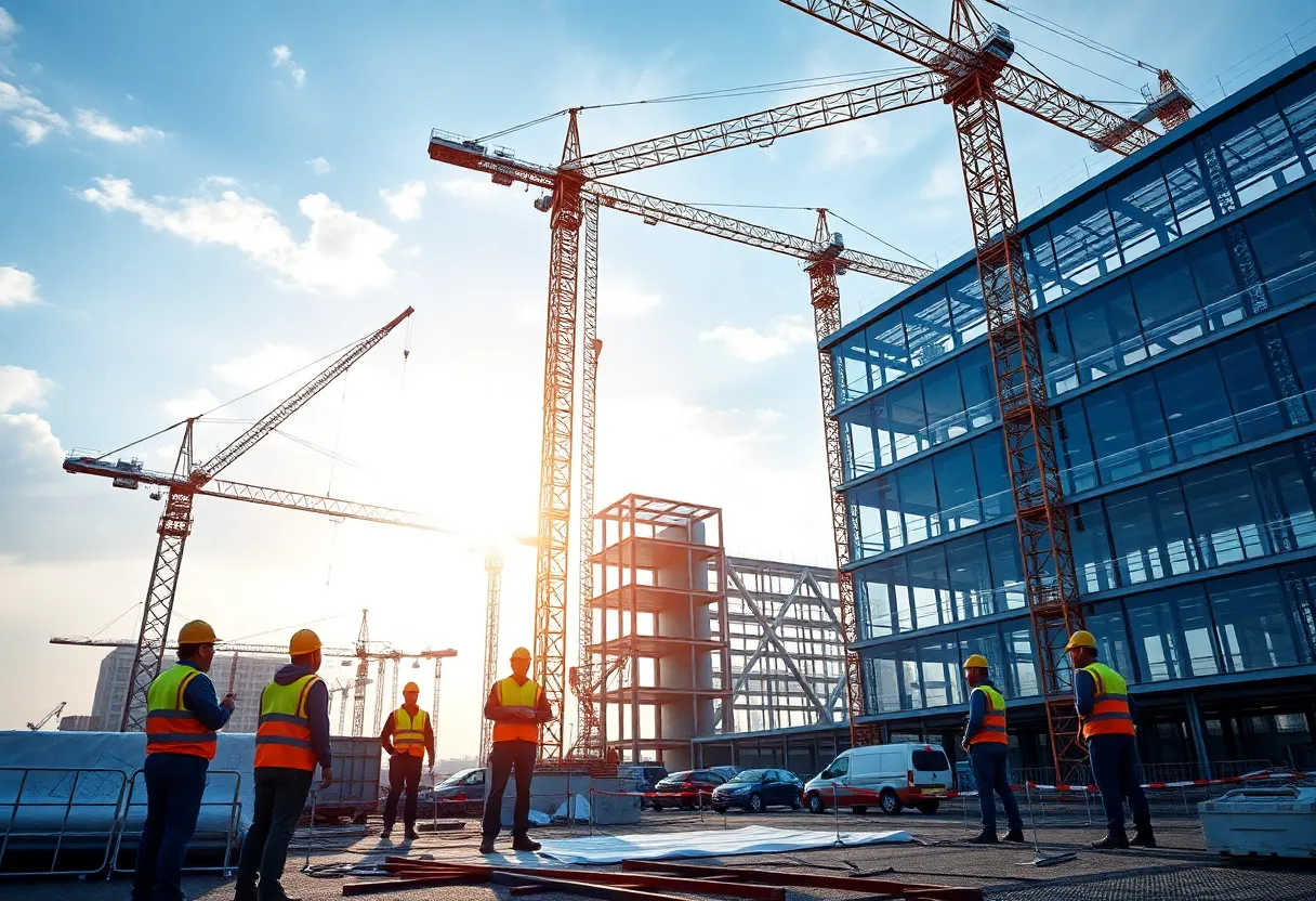 Construction site using advanced management software with workers and machinery.