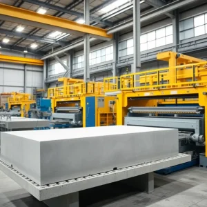 High-tech precast concrete production facility with machines in operation