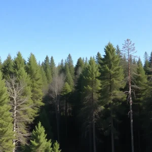 A picturesque forest of softwood trees representing lumber industry