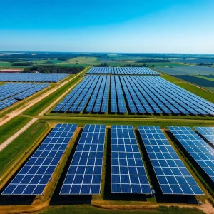 Aerial view of a solar farm with solar panels