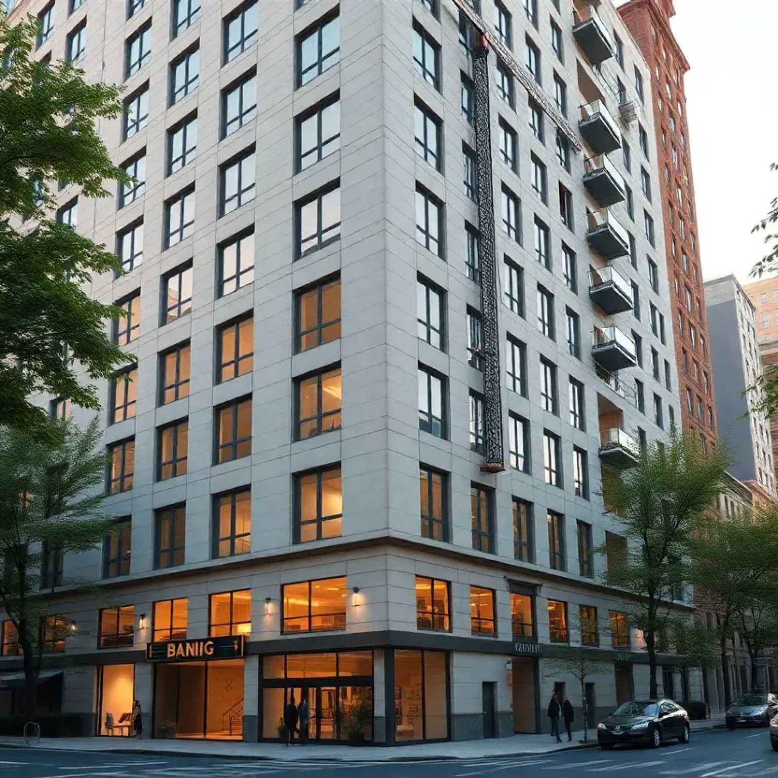 Rendering of an 18-story luxury condominium at 171 E. 86th St. with ground-floor retail and construction elements on an Upper East Side street