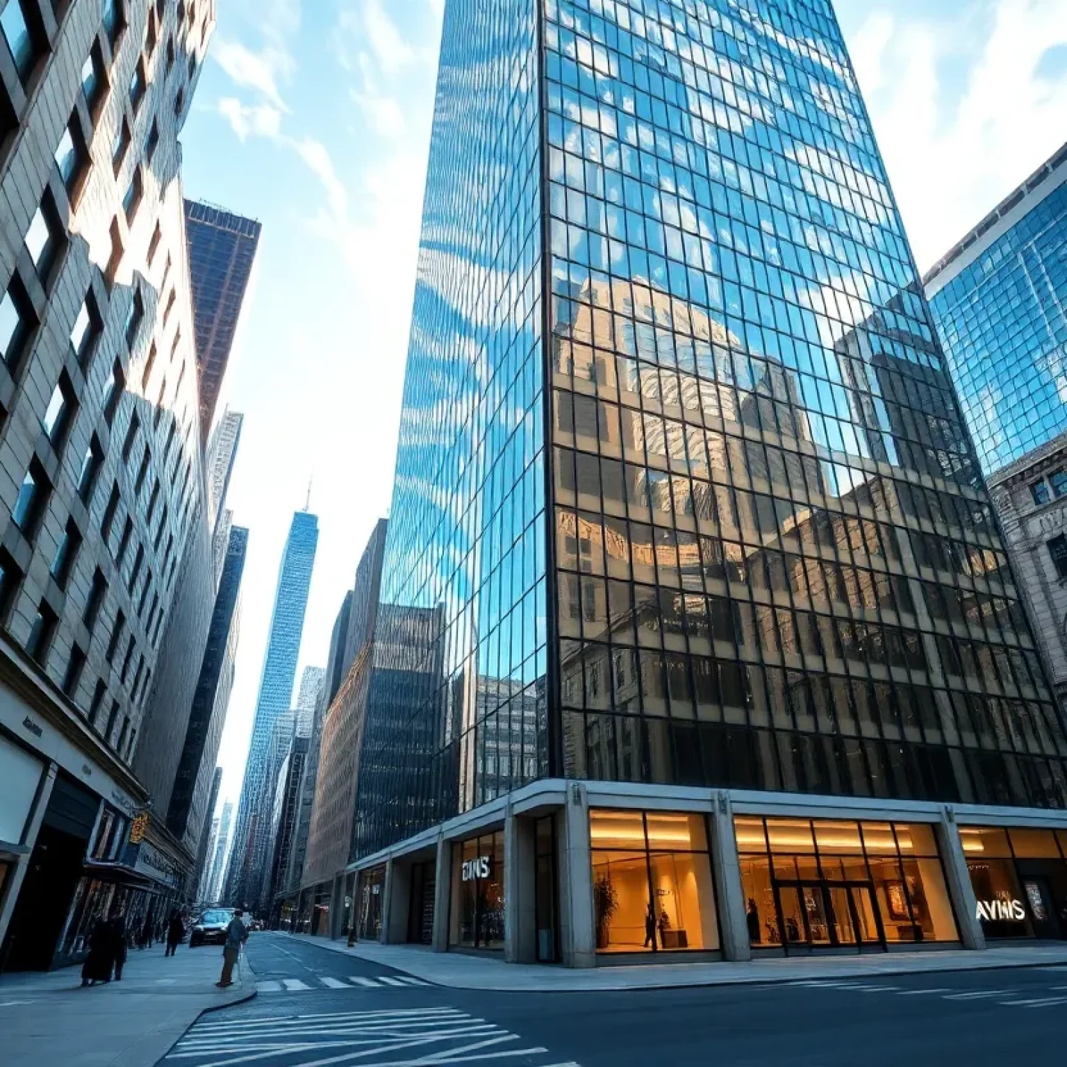 Exterior view of the 42-story office tower at 590 Madison Avenue in Midtown Manhattan with luxury retail at street level.