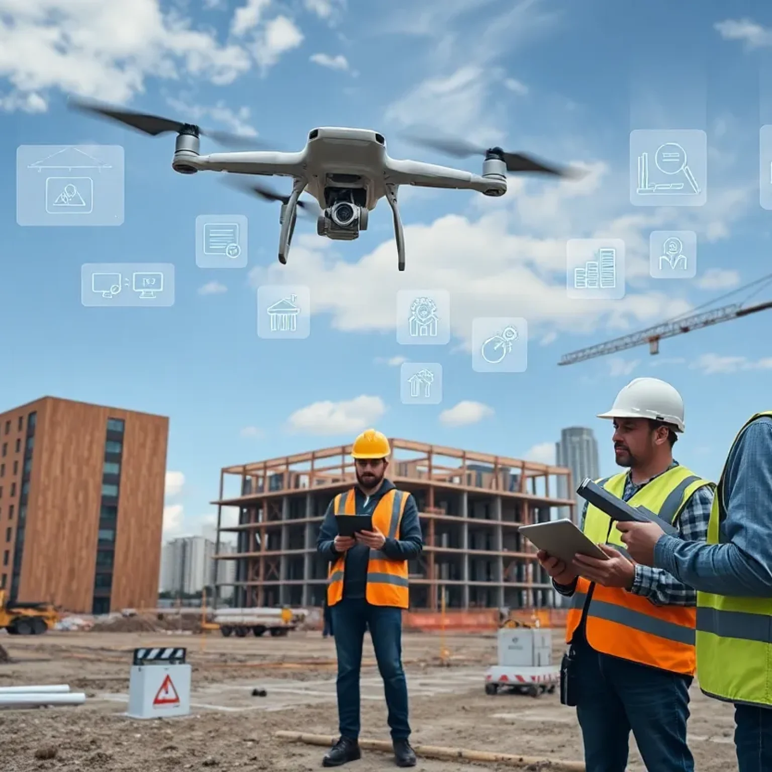 Construction site with tablets, drone, and translucent AI data overlays in front of a modern mass-timber building