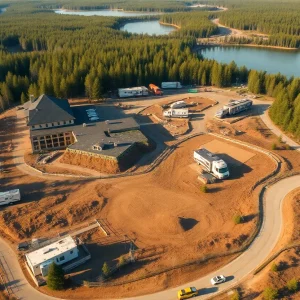 Aerial view of construction and renovation work at multiple Alabama state parks including lodges, cottages and RV site development