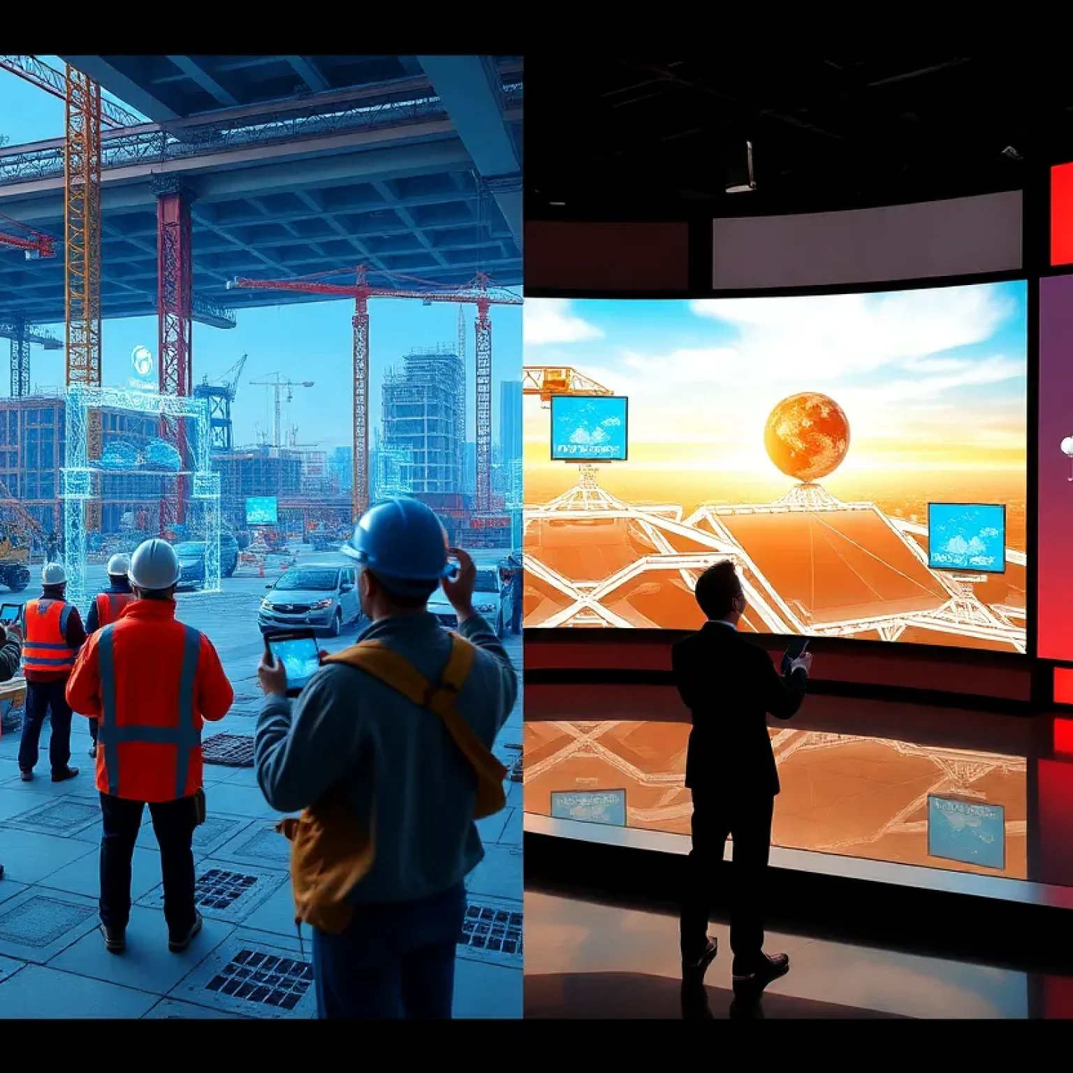 Construction workers using tablets and AR overlays on a jobsite beside a broadcast studio with virtual 3D weather graphics