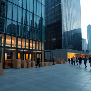 Glass office building with moving boxes outside and holographic 3D models floating above representing AI and cloud design tools