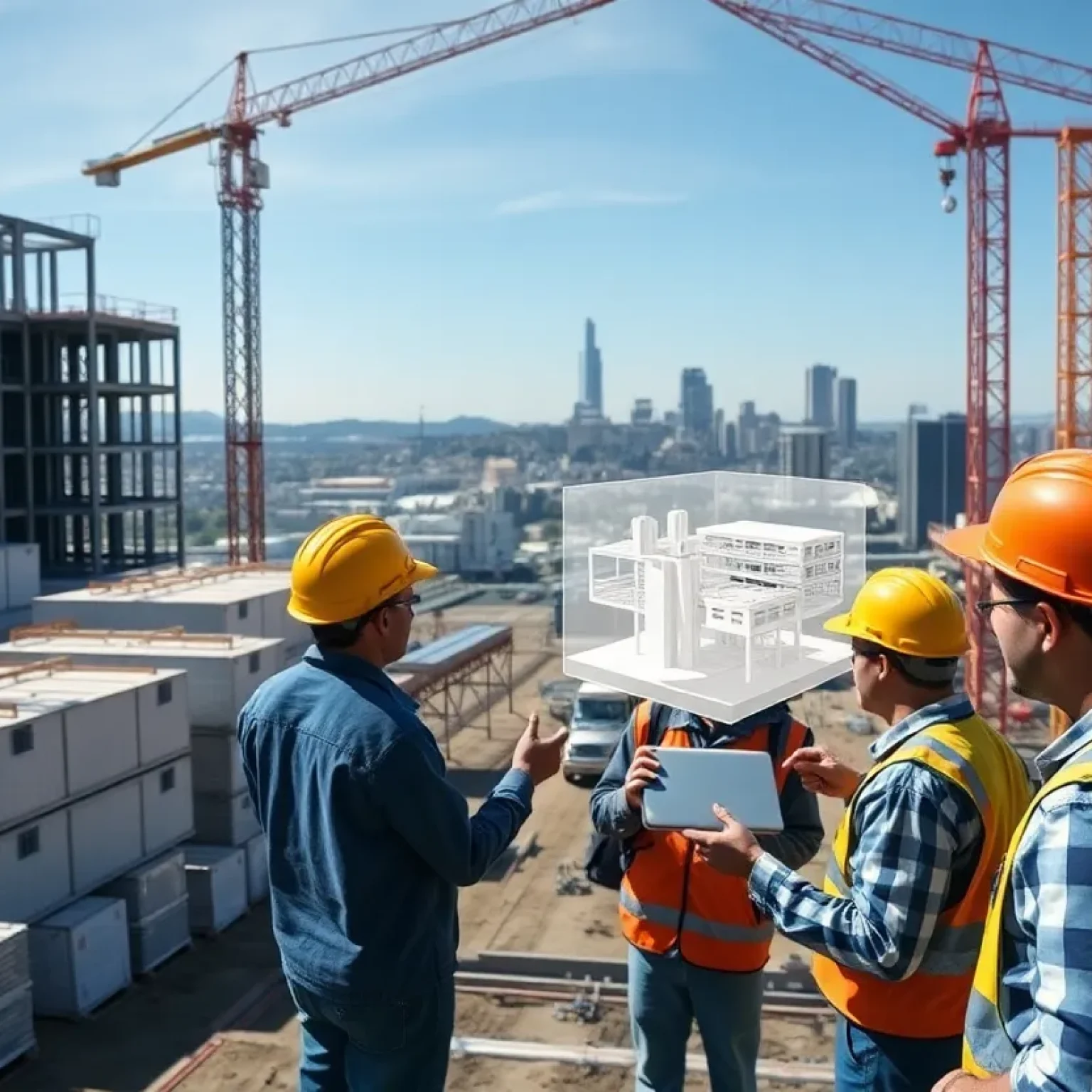 Bay Area construction site with cranes, prefabricated modules and workers reviewing a digital 3D model on a tablet