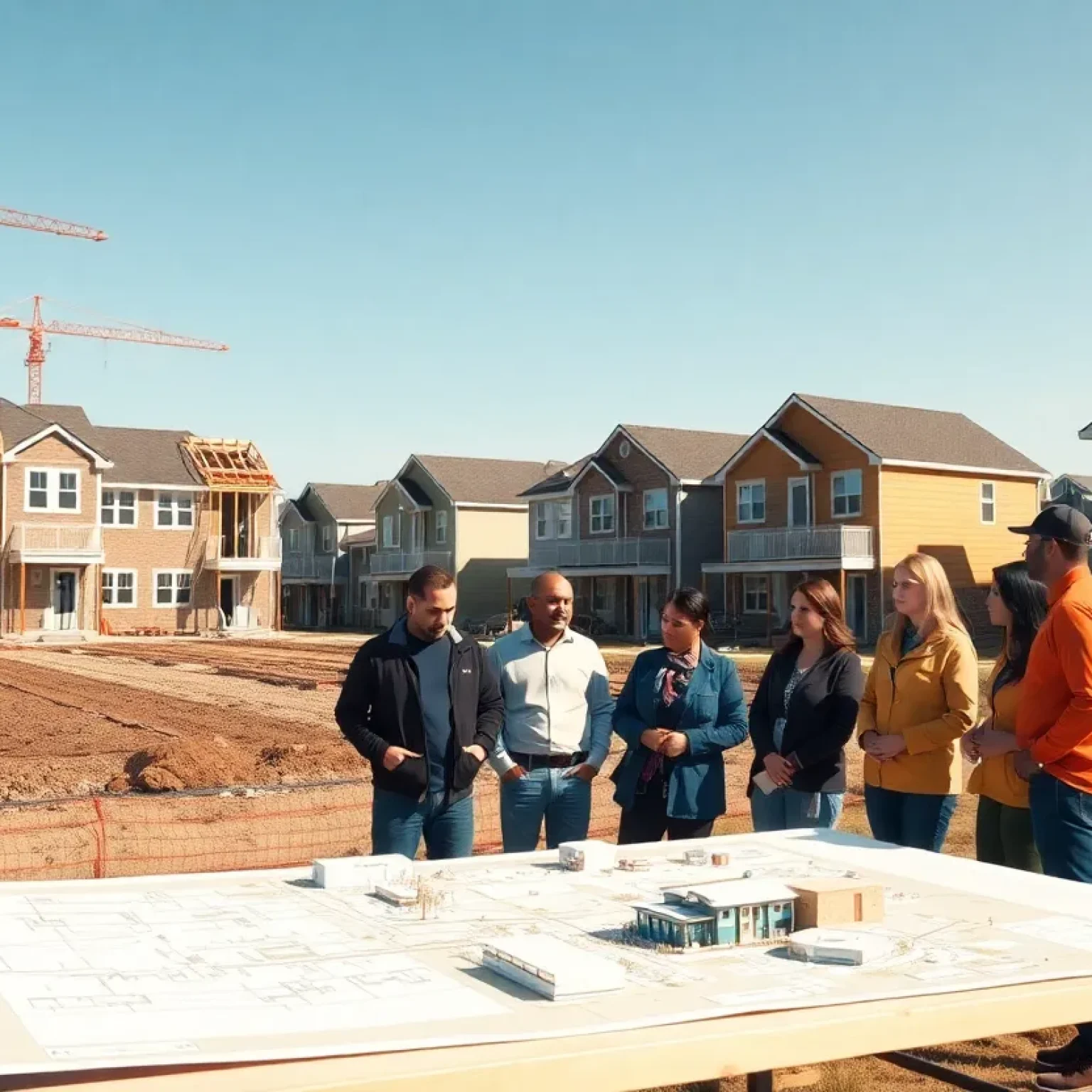 Construction site for affordable townhomes with community members reviewing plans nearby