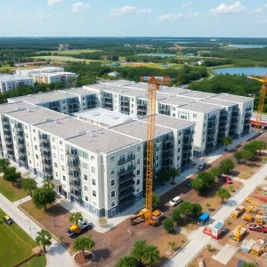 Aerial view of the multifamily development site in Charleston, showcasing construction progress and community spaces.