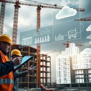 Construction site with digital BIM overlays, workers using tablets and automated equipment