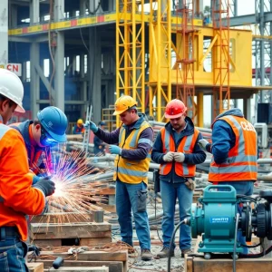 Construction workers on-site using advanced technology for various trades.