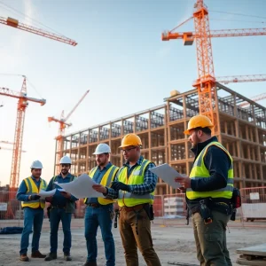 Diverse construction teams in safety gear collaborating around blueprints and tablets on a busy site with cranes and a data center shell in the background