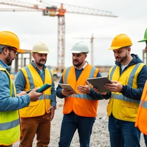 Construction workers using software on site to enhance productivity
