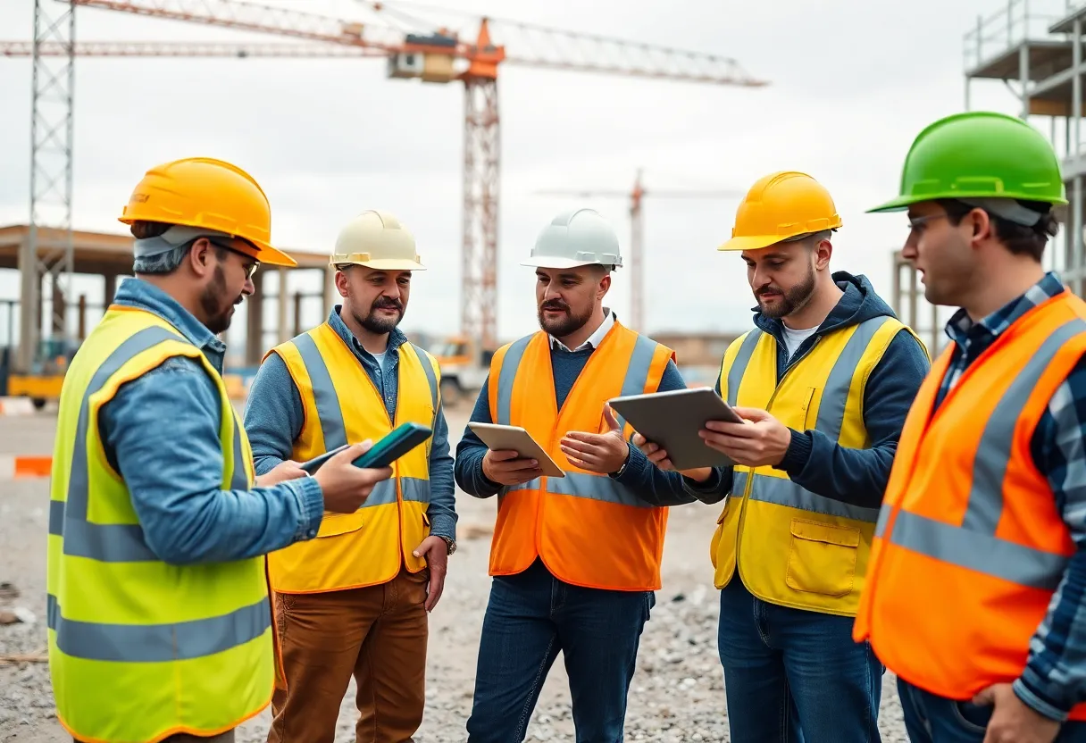 Visual representation of construction management software tools in use on a construction site.