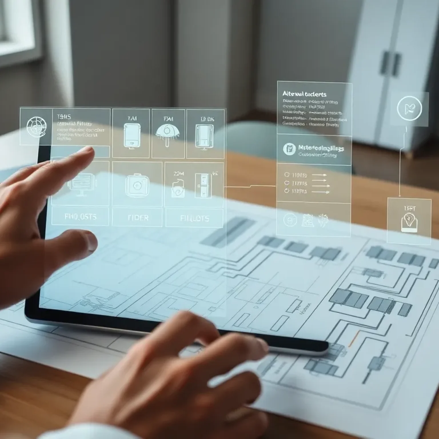 Tablet showing AI-generated electrical takeoffs overlaid on printed blueprints with highlighted symbols and quantity panels