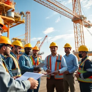 Construction site in the Gulf with diverse teams collaborating