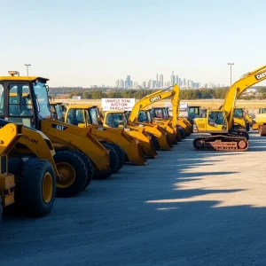 Used construction equipment lined up in a rental yard with auction signage and a city skyline in the distance