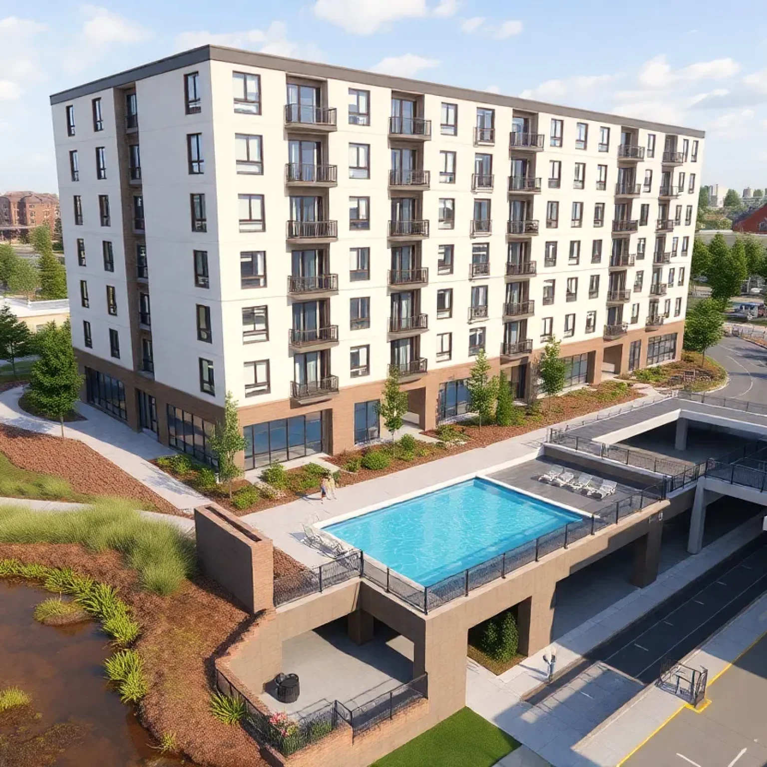 Six-story transit-connected apartment building with preserved wetlands and outdoor pool in Eden Prairie