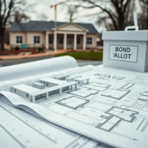 Blueprints, bond paperwork and a ballot box representing a village decision on a water treatment plant