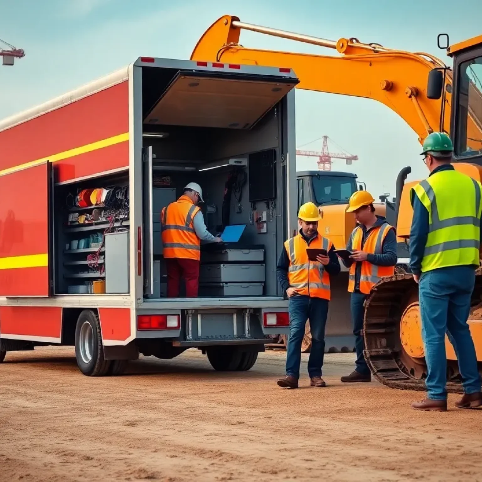 Mechanics servicing an excavator and bulldozer from a service truck at a construction site
