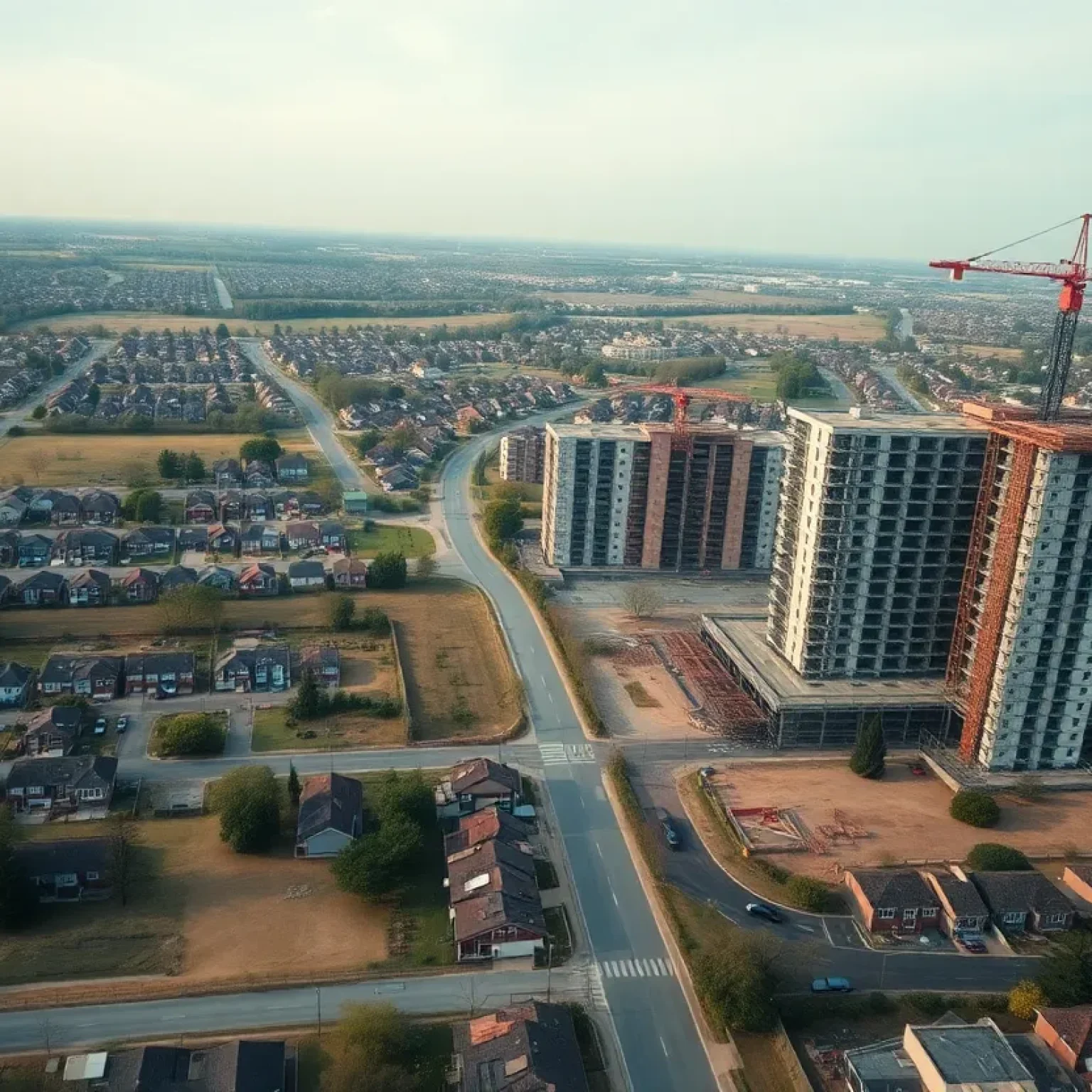 Aerial view showing suburban lots beside apartment construction with cranes and building materials